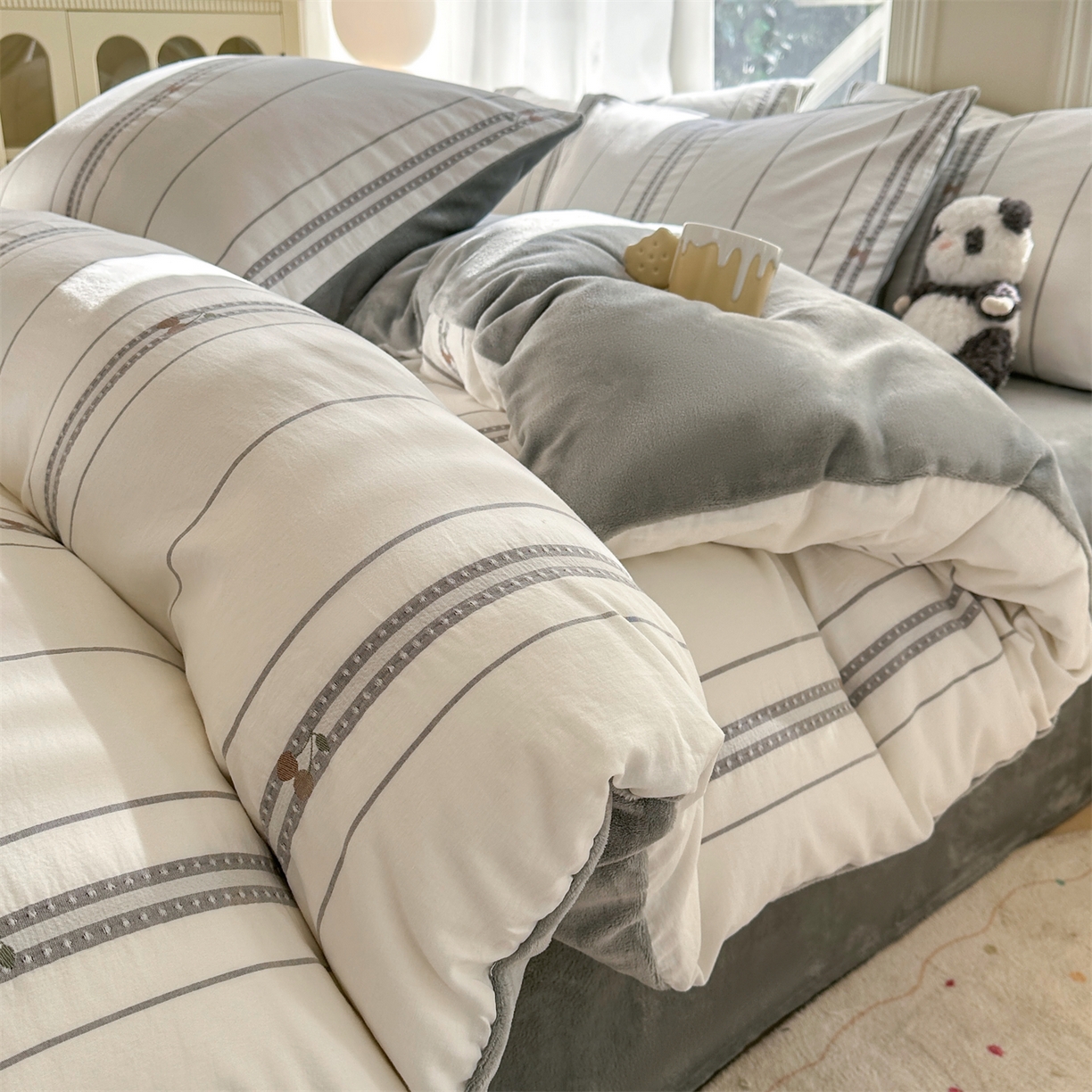 灰鲸 2025新款A版全棉色织提花B版牛奶绒四件套系列 棉+绒-樱诺灰