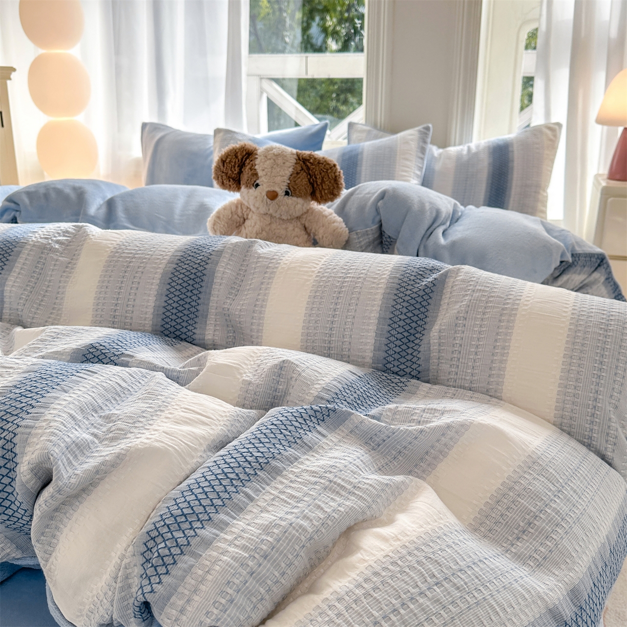 91家纺网 家纺一手货源 找家纺 灰鲸 2025新款A版全棉色织提花B版牛奶绒四件套系列 棉+绒-泛歌蓝