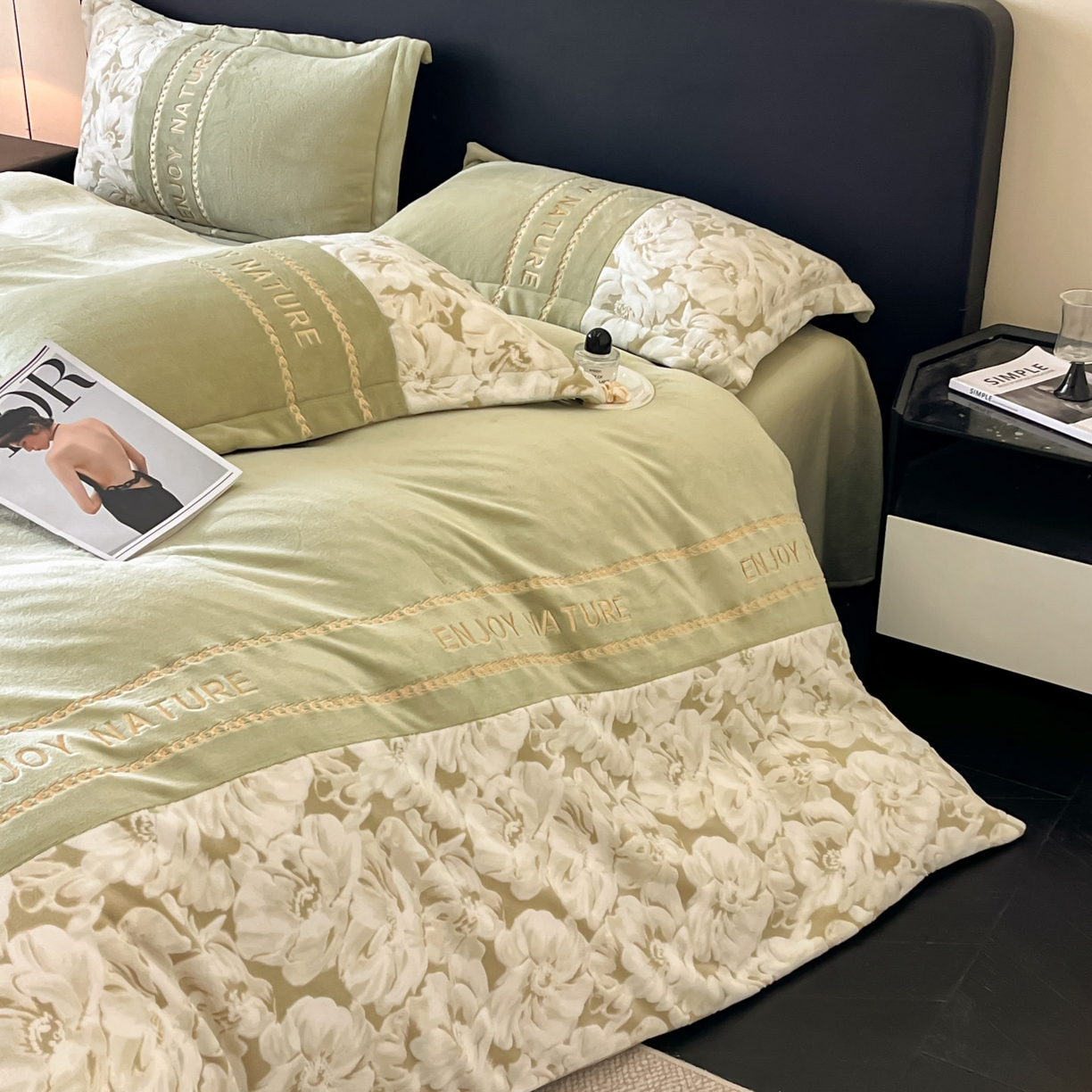 91家纺网 家纺一手货源 找家纺 博纳家纺 2025新款加厚牛奶绒雕花刺绣四件套-繁花倾心 繁花倾心-豆绿