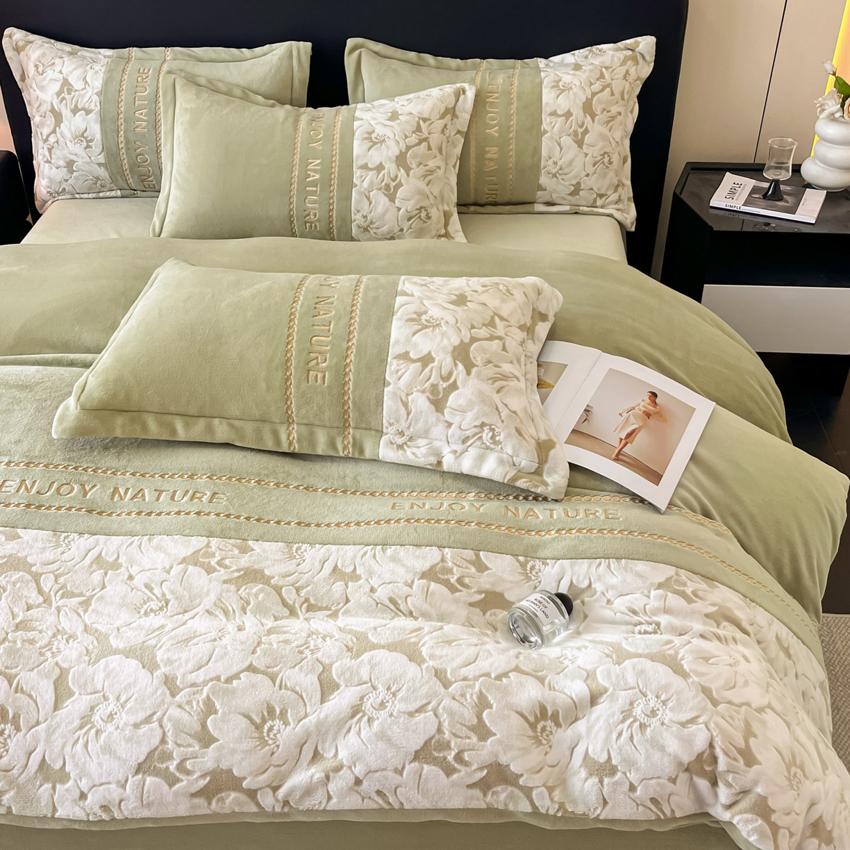 91家纺网 家纺一手货源 找家纺 博纳家纺 2025新款加厚牛奶绒雕花刺绣四件套-繁花倾心 繁花倾心-豆绿