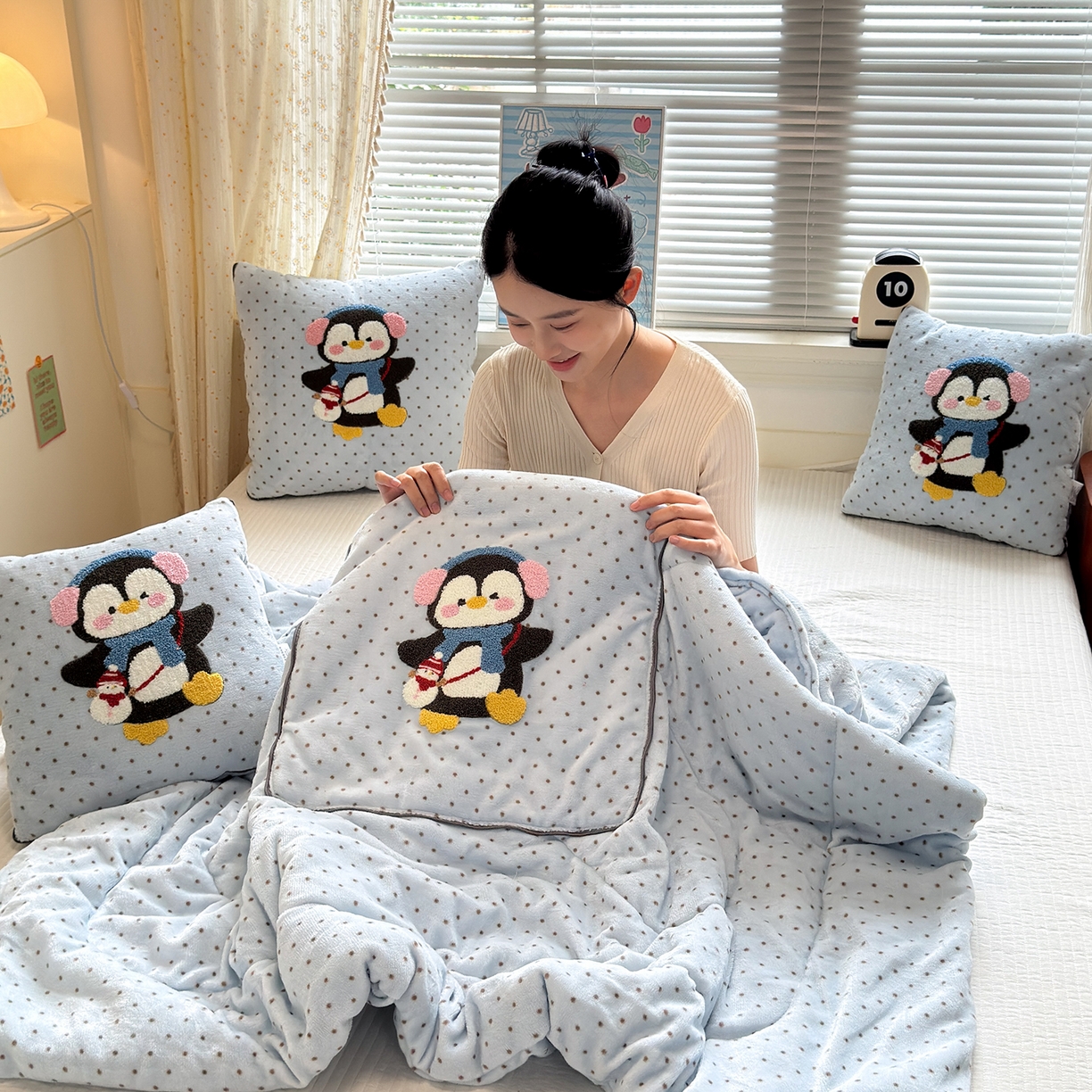 91家纺网 家纺一手货源 找家纺 铭宣家居 2025新款牛奶绒毛巾绣软萌抱枕被 企鹅趣蓝