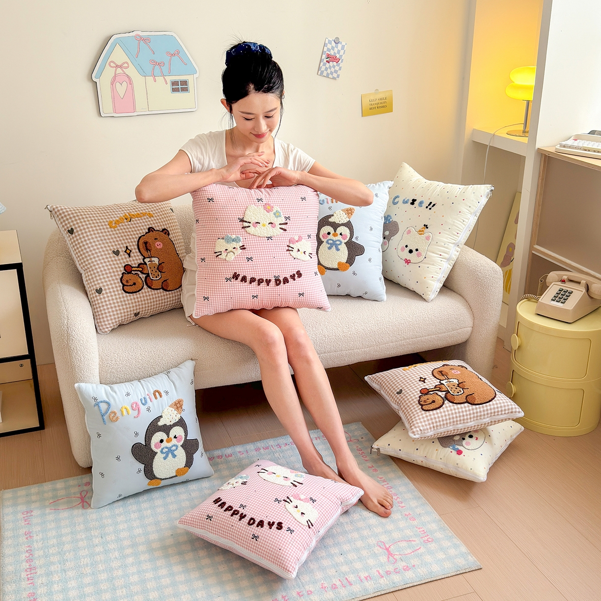 91家纺网 家纺一手货源 找家纺 铭宣家居 2025新款牛奶绒毛巾绣软萌抱枕被 组合