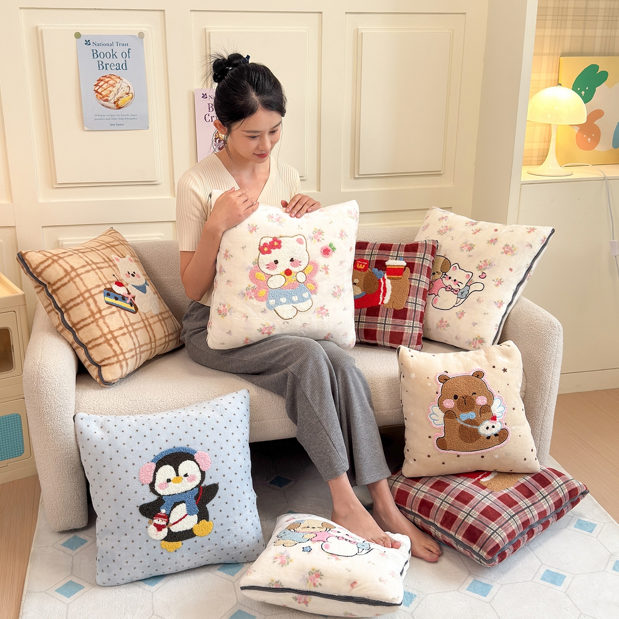 铭宣家居 2025新款牛奶绒毛巾绣软萌抱枕被 组合