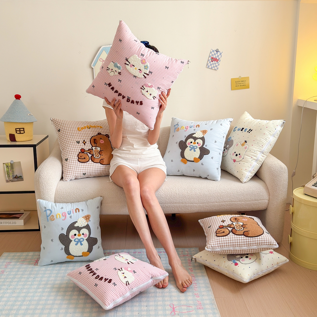 91家纺网 家纺一手货源 找家纺 铭宣家居 2025新款牛奶绒毛巾绣软萌抱枕被 组合