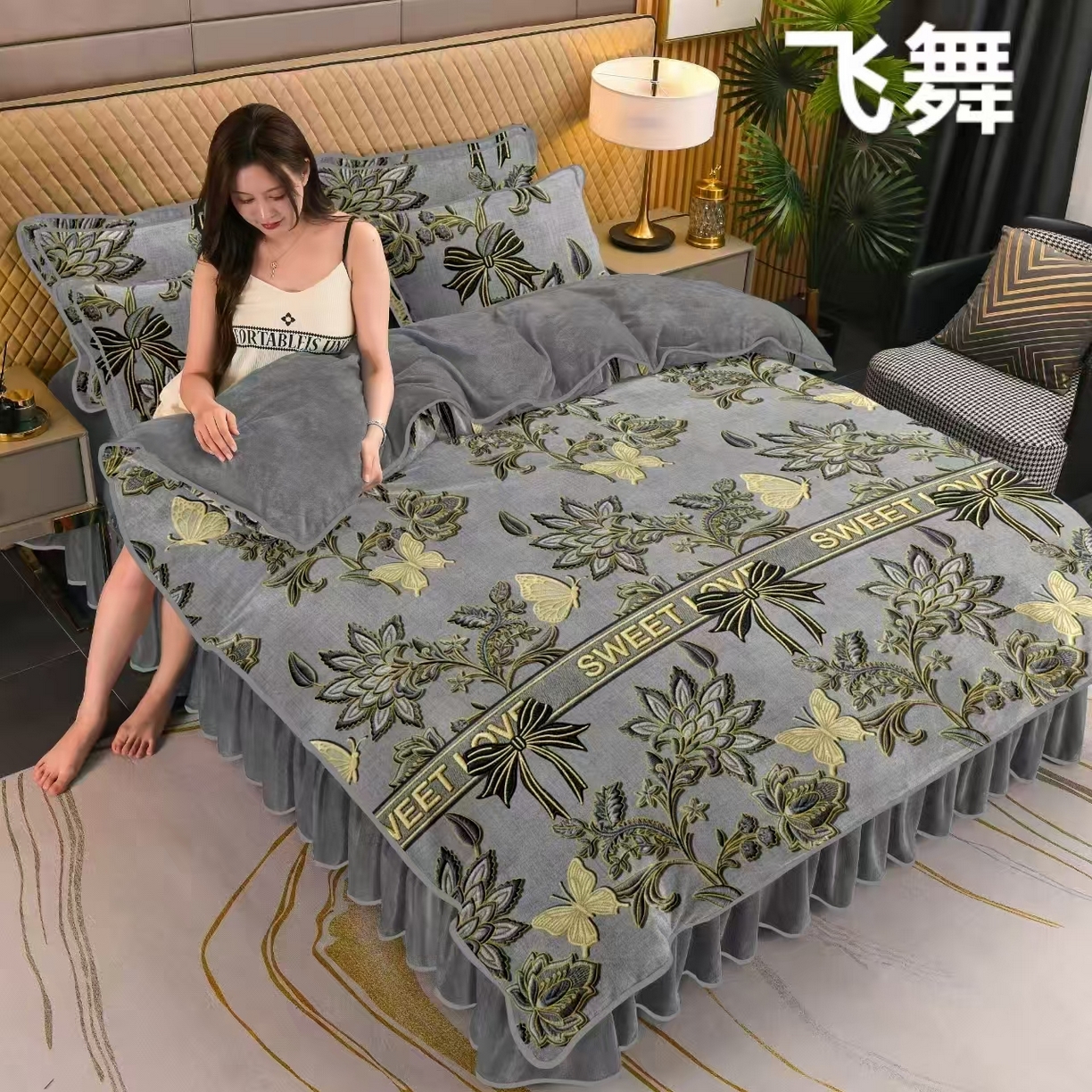 91家纺网 家纺一手货源 找家纺 栩裕纺织 2025新款230高克重牛奶绒法莱绒印花四件套-直播热款8斤半 啊布布-灰