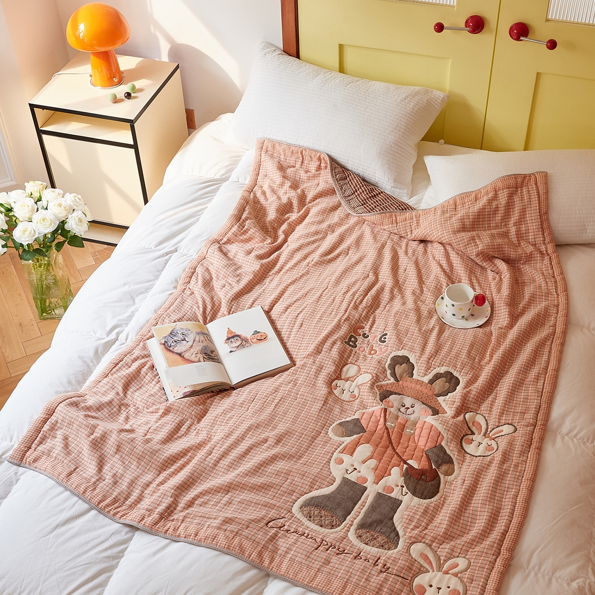 沐瑟家纺 2025新款全棉纱布泡芙被被子被芯-第二批 粉小兔