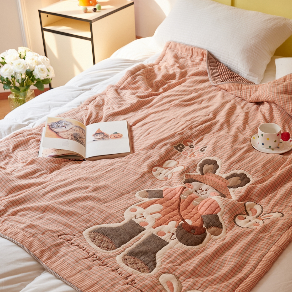 91家纺网 家纺一手货源 找家纺 沐瑟家纺 2025新款全棉纱布泡芙被被子被芯-第二批 粉小兔