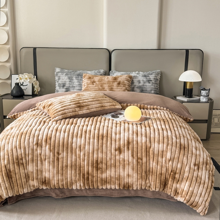 91家纺网 家纺一手货源 找家纺 蓝极人 2025新款A类抽条兔绒兔毛绒兔兔绒四件套 渐变彩泡泡-咖