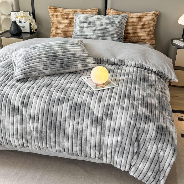 91家纺网 家纺一手货源 找家纺 蓝极人 2025新款A类抽条兔绒兔毛绒兔兔绒四件套 渐变彩泡泡-灰