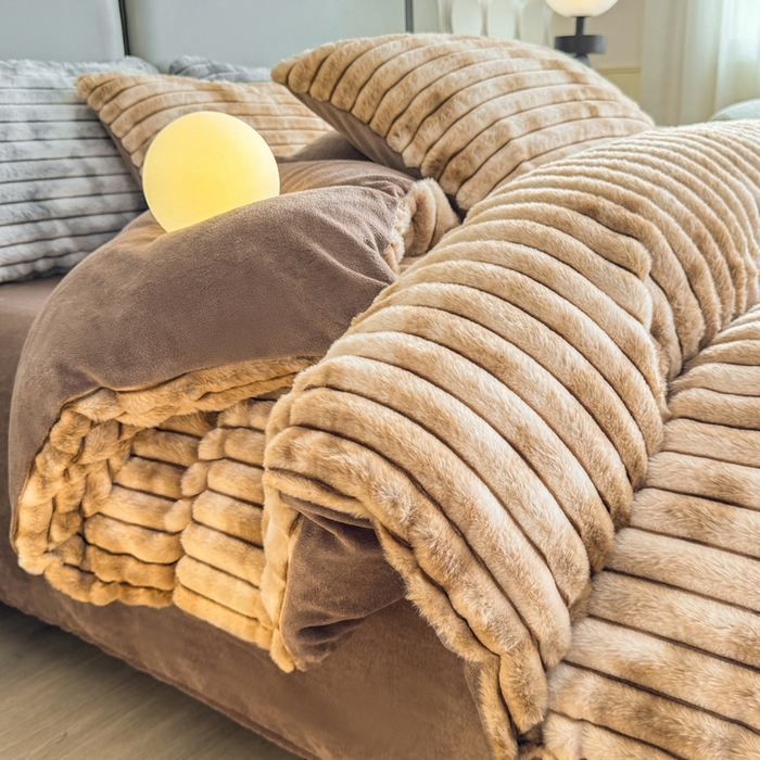 91家纺网 家纺一手货源 找家纺 酱子 2025新款A类抽条渐变泡泡兔毛绒兔兔绒牛奶绒四件套 渐变彩泡泡-咖