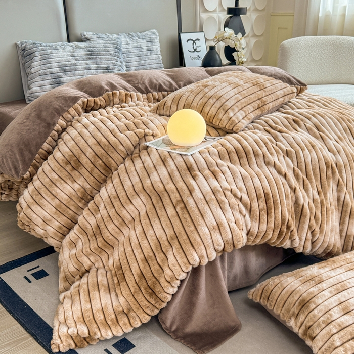 91家纺网 家纺一手货源 找家纺 酱子 2025新款A类抽条渐变泡泡兔毛绒兔兔绒牛奶绒四件套 渐变彩泡泡-咖