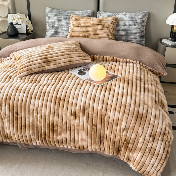 91家纺网 家纺一手货源 找家纺 酱子 2025新款A类抽条渐变泡泡兔毛绒兔兔绒牛奶绒四件套 渐变彩泡泡-咖