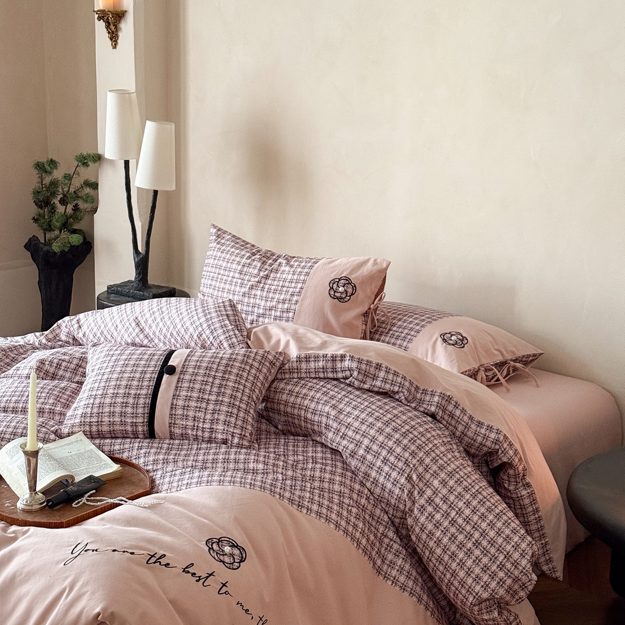 优然居家纺 2025新款全棉磨毛法式小香风格纹贴布绣法式老钱风四件套-山茶花 山茶花-粉