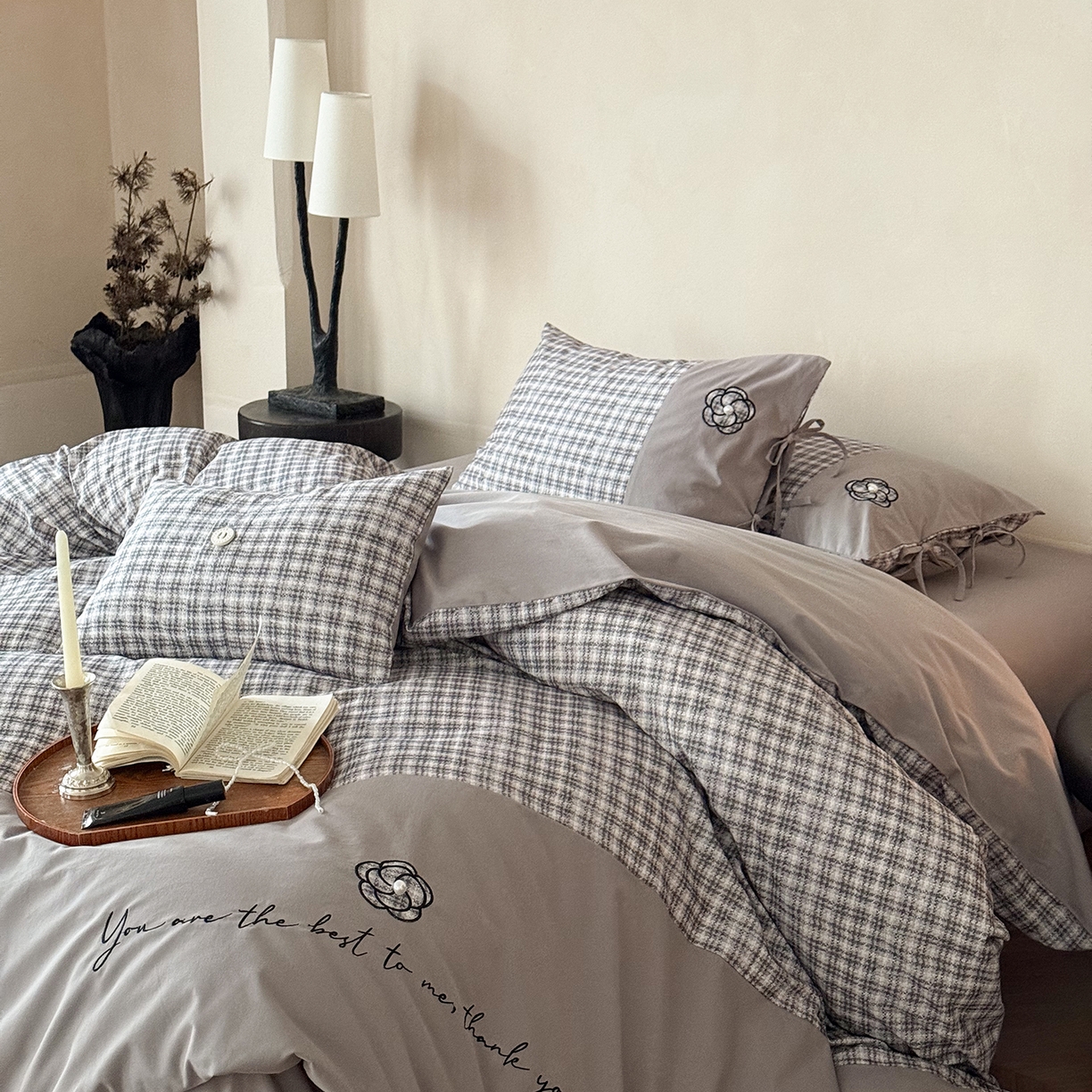 优然居家纺 2025新款全棉磨毛法式小香风格纹贴布绣法式老钱风四件套-山茶花 山茶花-灰