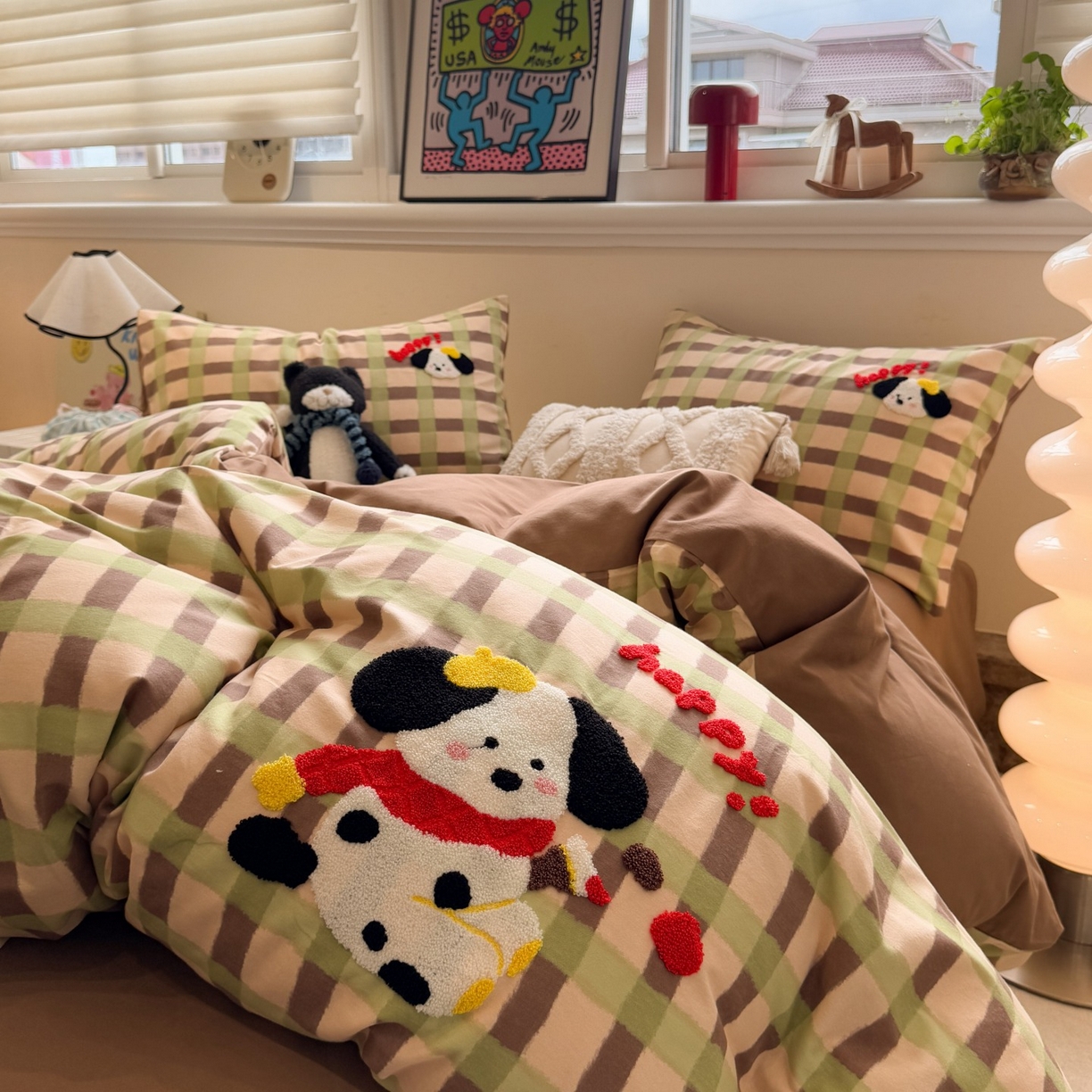 91家纺网 家纺一手货源 找家纺 觅糖家纺 2025新款全棉磨毛原创毛巾绣系列四件套 围脖小狗