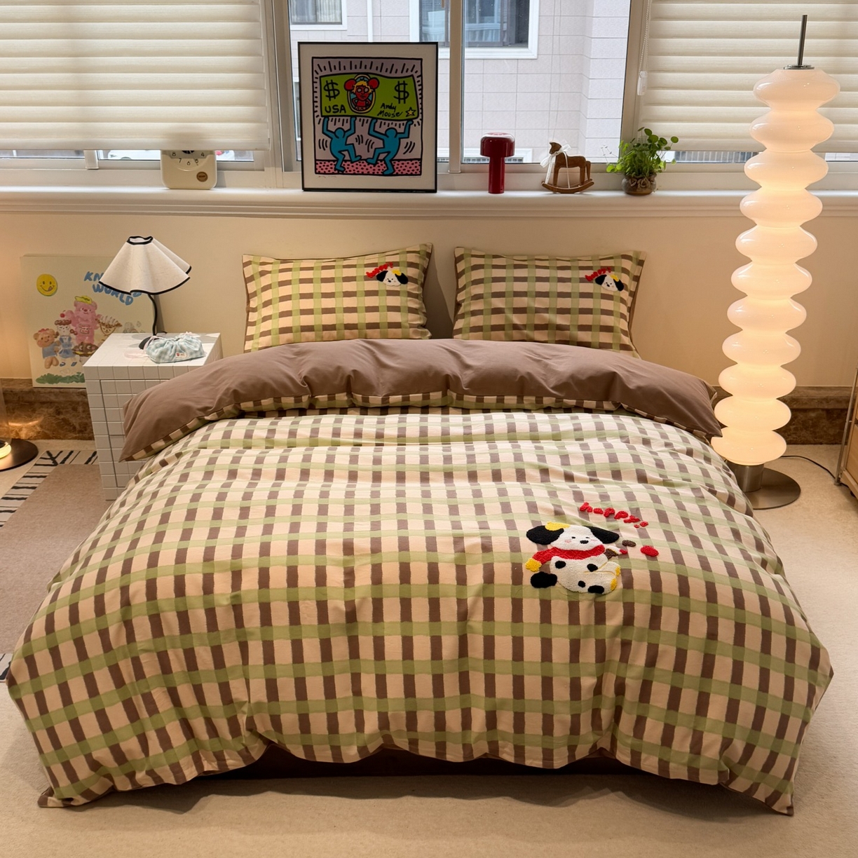 觅糖家纺 2025新款全棉磨毛原创毛巾绣系列四件套 围脖小狗