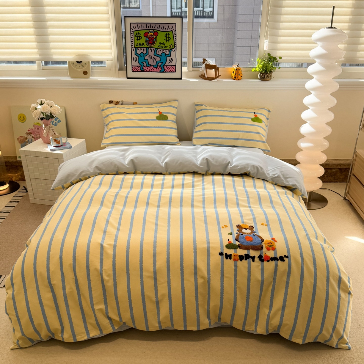 觅糖家纺 2025新款全棉磨毛原创毛巾绣系列四件套 欢乐小熊