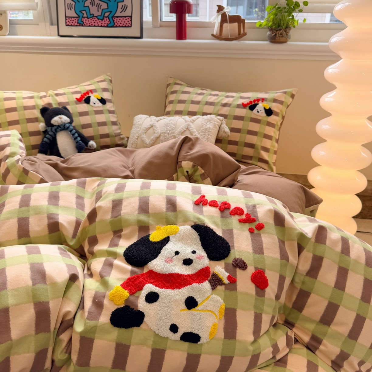 91家纺网 家纺一手货源 找家纺 觅糖家纺 2025新款全棉磨毛原创毛巾绣系列四件套 围脖小狗