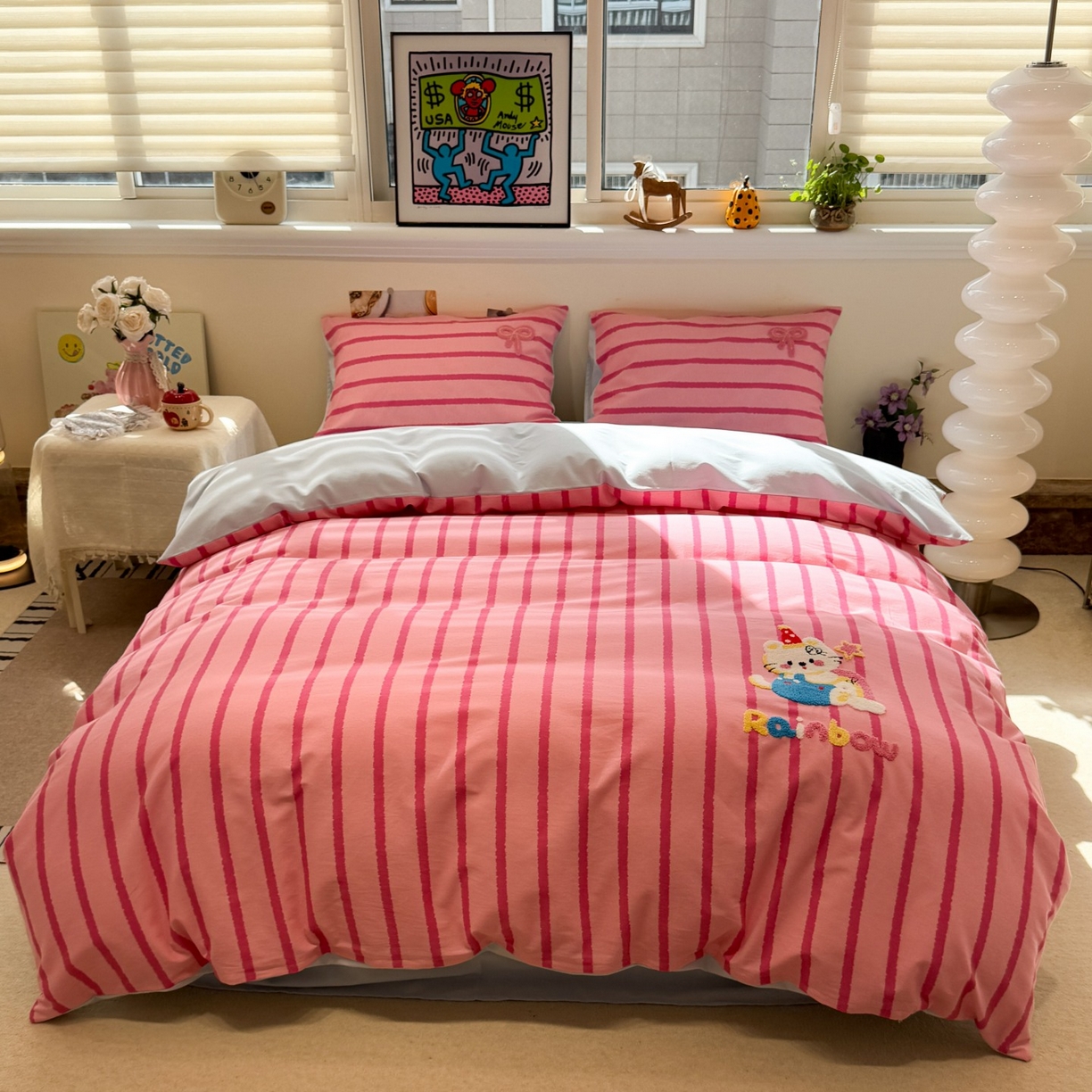 觅糖家纺 2025新款全棉磨毛原创毛巾绣系列四件套 粉红小猫