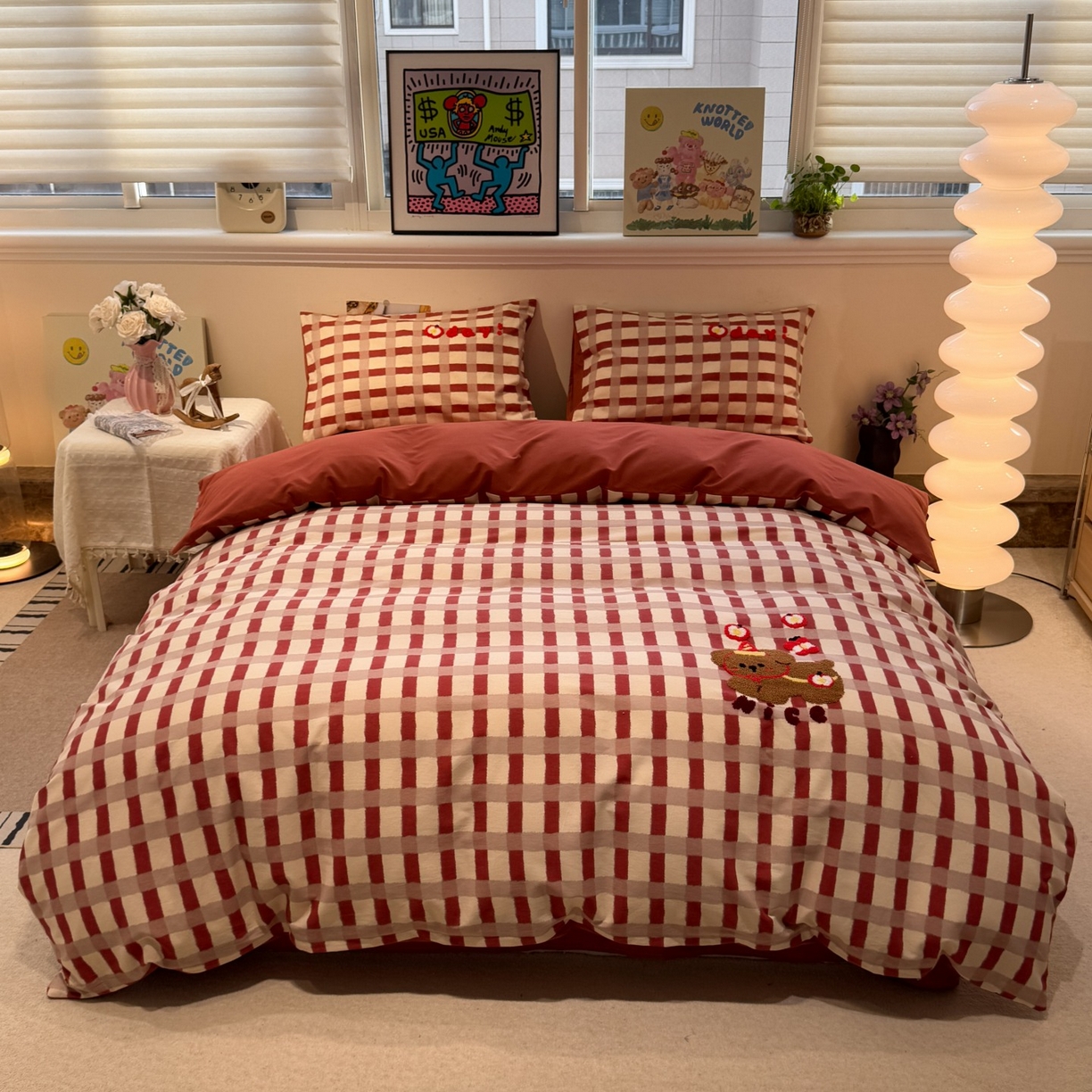 觅糖家纺 2025新款全棉磨毛原创毛巾绣系列四件套 快乐小狗