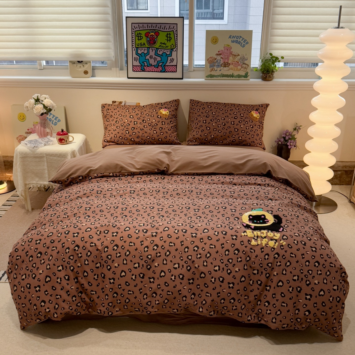 觅糖家纺 2025新款全棉磨毛原创毛巾绣系列四件套 豹纹小猫