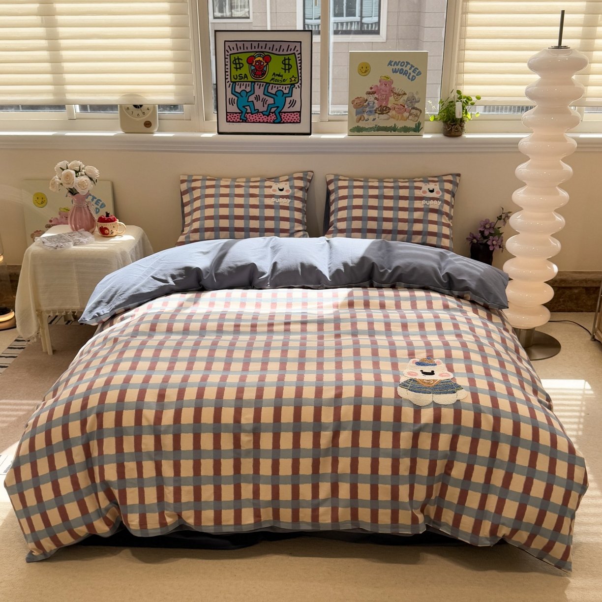 觅糖家纺 2025新款全棉磨毛原创毛巾绣系列四件套 蓝格西高地