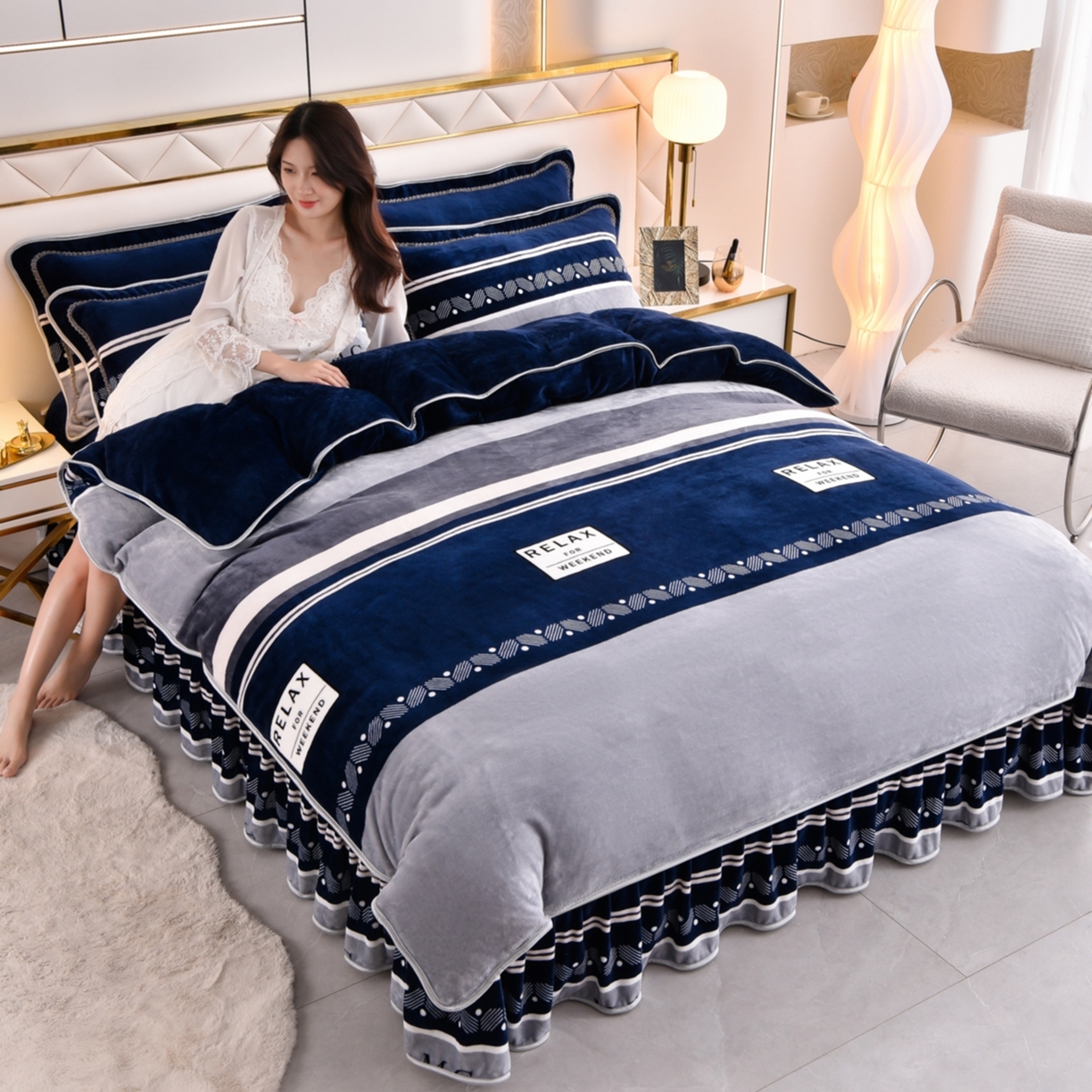 91家纺网 家纺一手货源 找家纺 （总）启扬 2025直播爆款新款8.5斤加厚高克重牛奶绒四件套床裙款法莱绒宝宝绒金貂绒