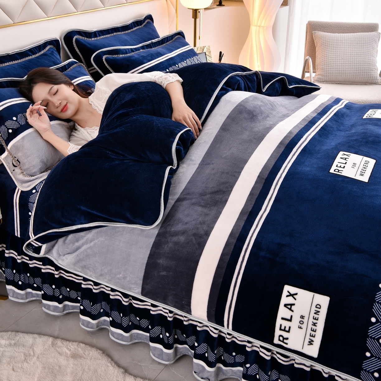 91家纺网 家纺一手货源 找家纺 （总）启扬 2025直播爆款新款8.5斤加厚高克重牛奶绒四件套床裙款法莱绒宝宝绒金貂绒