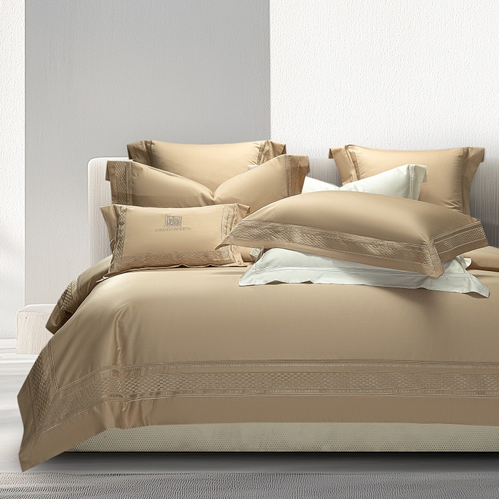 91家纺网 家纺一手货源 找家纺 诗黛尔 2025秋冬新款长绒棉刺绣四件套-罗意威系列 卡其色