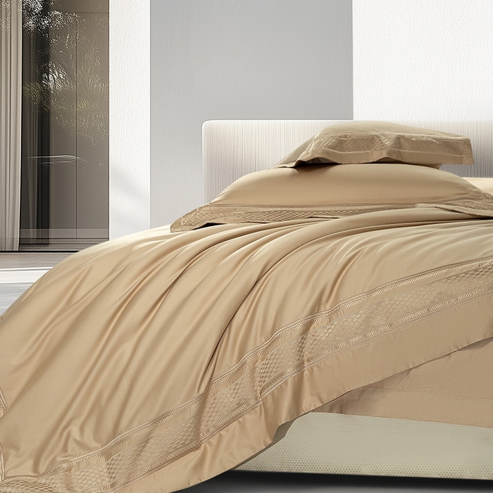 91家纺网 家纺一手货源 找家纺 诗黛尔 2025秋冬新款长绒棉刺绣四件套-罗意威系列 卡其色