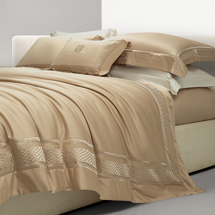 91家纺网 家纺一手货源 找家纺 诗黛尔 2025秋冬新款长绒棉刺绣四件套-罗意威系列 卡其色