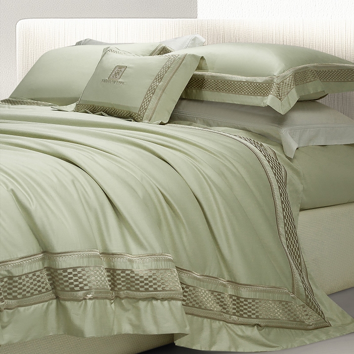 91家纺网 家纺一手货源 找家纺 诗黛尔 2025秋冬新款长绒棉刺绣四件套-罗意威系列 油果绿