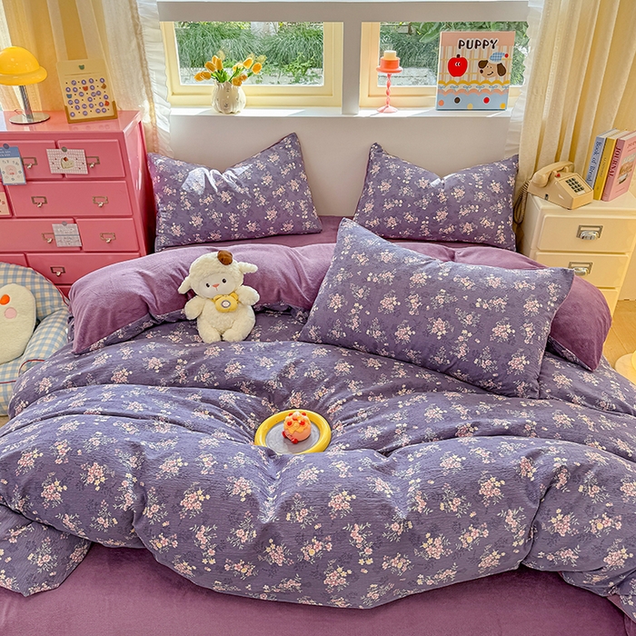 91家纺网 家纺一手货源 找家纺 壹号库家纺 2025新款皱皱纱舒暖绒四件套 豆蔻