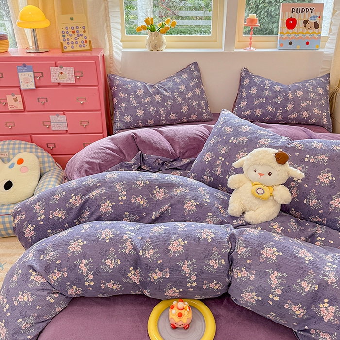 91家纺网 家纺一手货源 找家纺 壹号库家纺 2025新款皱皱纱舒暖绒四件套 豆蔻