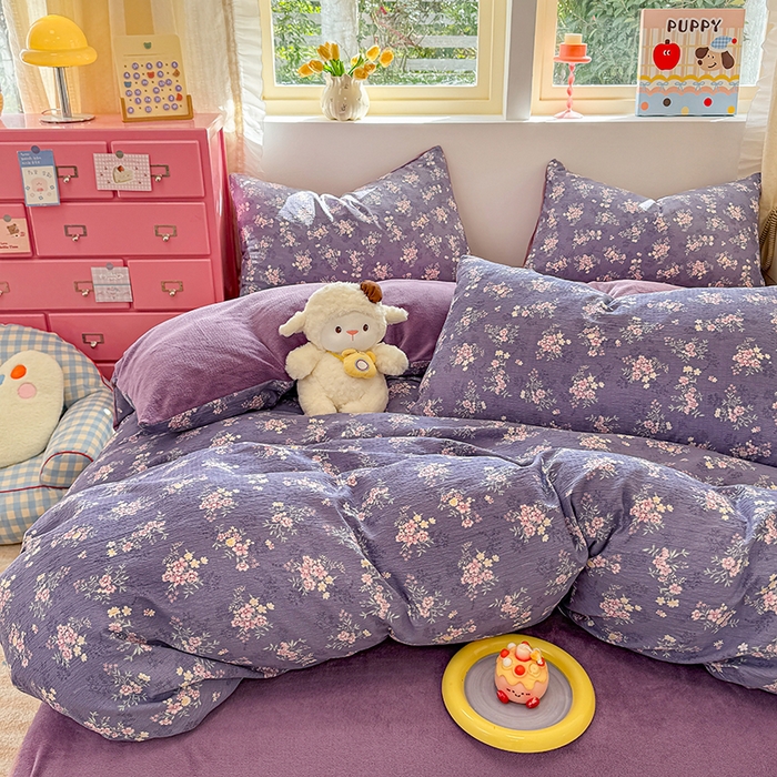 91家纺网 家纺一手货源 找家纺 壹号库家纺 2025新款皱皱纱舒暖绒四件套 豆蔻