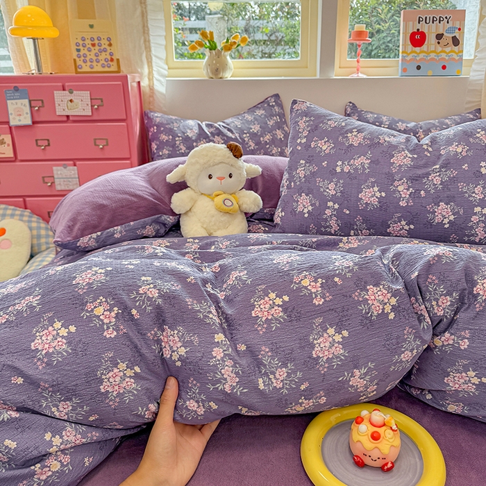 91家纺网 家纺一手货源 找家纺 壹号库家纺 2025新款皱皱纱舒暖绒四件套 豆蔻