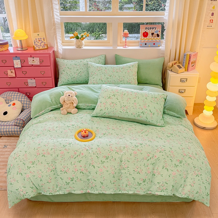 壹号库家纺 2025新款皱皱纱舒暖绒四件套 木兮绿