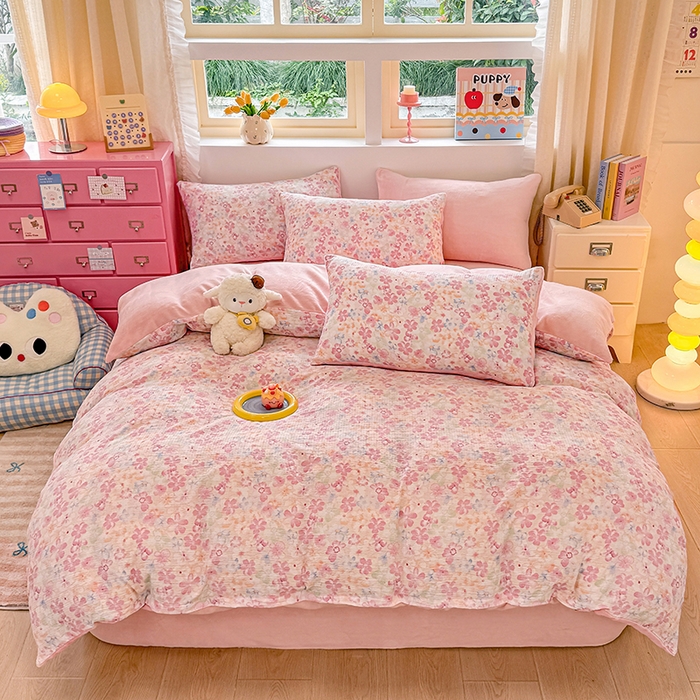 壹号库家纺 2025新款皱皱纱舒暖绒四件套 十里桃花