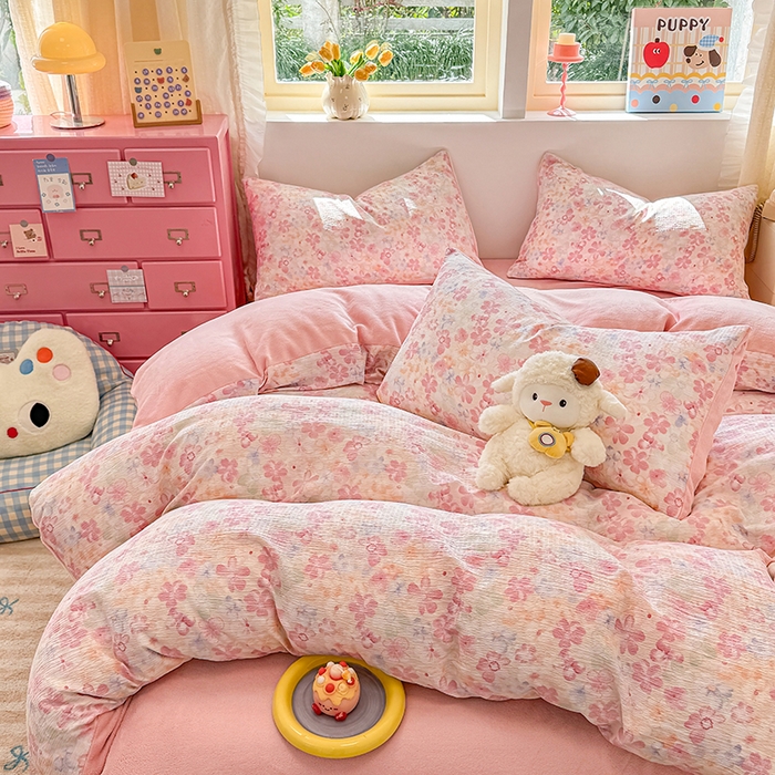 91家纺网 家纺一手货源 找家纺 壹号库家纺 2025新款皱皱纱舒暖绒四件套 十里桃花