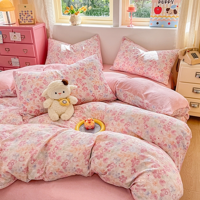 91家纺网 家纺一手货源 找家纺 壹号库家纺 2025新款皱皱纱舒暖绒四件套 十里桃花