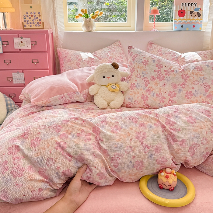 91家纺网 家纺一手货源 找家纺 壹号库家纺 2025新款皱皱纱舒暖绒四件套 十里桃花