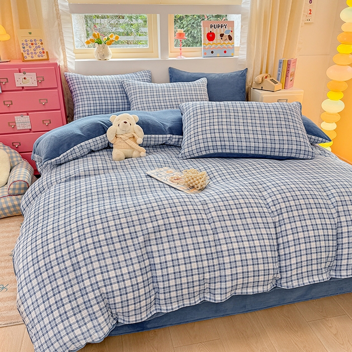 91家纺网 家纺一手货源 找家纺 壹号库家纺 2025新款皱皱纱舒暖绒四件套 无印兰格