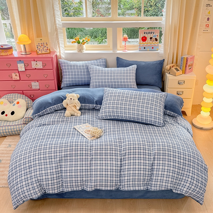 壹号库家纺 2025新款皱皱纱舒暖绒四件套 无印兰格