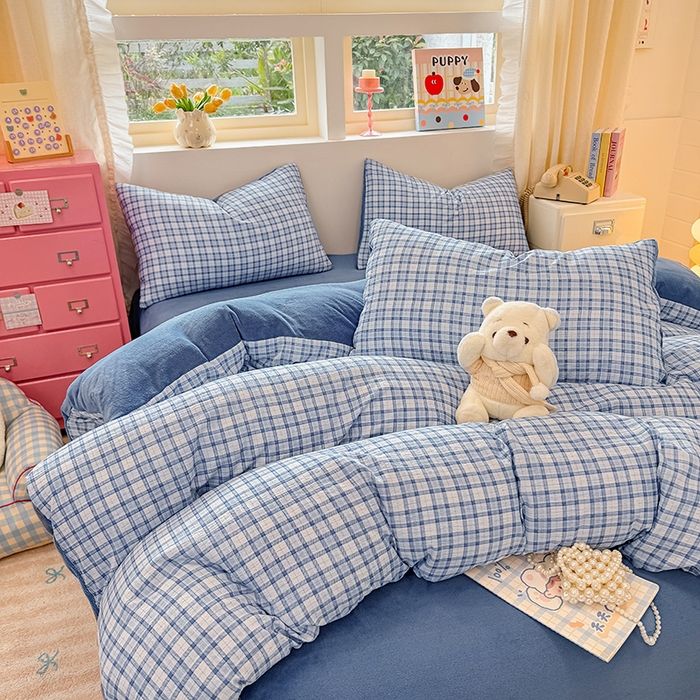 91家纺网 家纺一手货源 找家纺 壹号库家纺 2025新款皱皱纱舒暖绒四件套 无印兰格