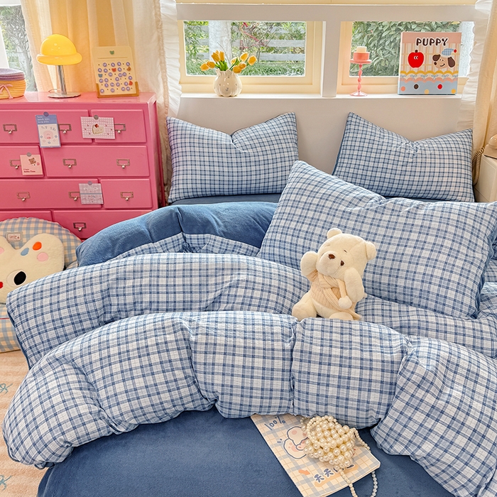 91家纺网 家纺一手货源 找家纺 壹号库家纺 2025新款皱皱纱舒暖绒四件套 无印兰格