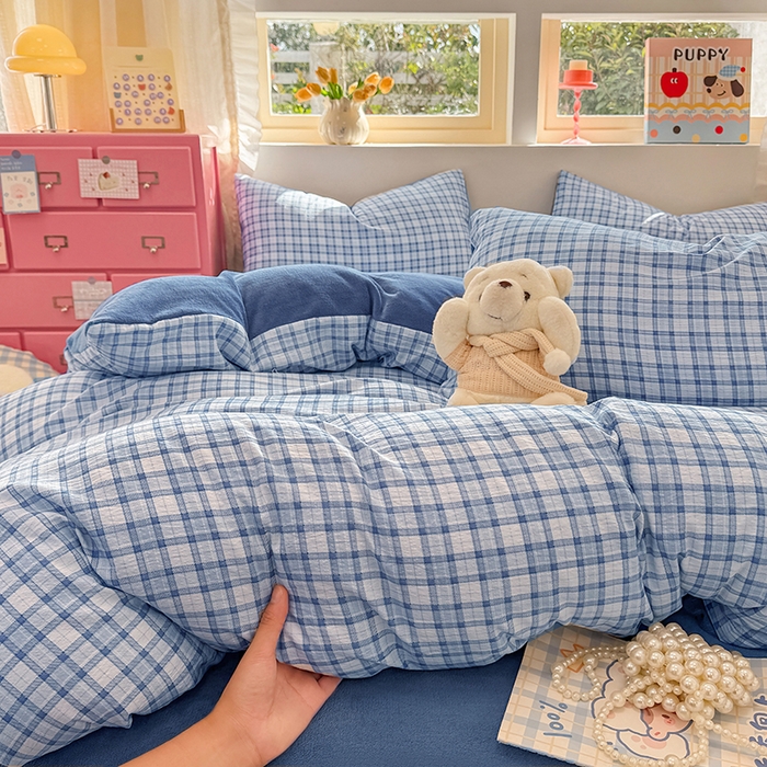 91家纺网 家纺一手货源 找家纺 壹号库家纺 2025新款皱皱纱舒暖绒四件套 无印兰格