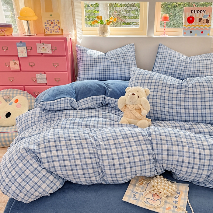 91家纺网 家纺一手货源 找家纺 壹号库家纺 2025新款皱皱纱舒暖绒四件套 无印兰格