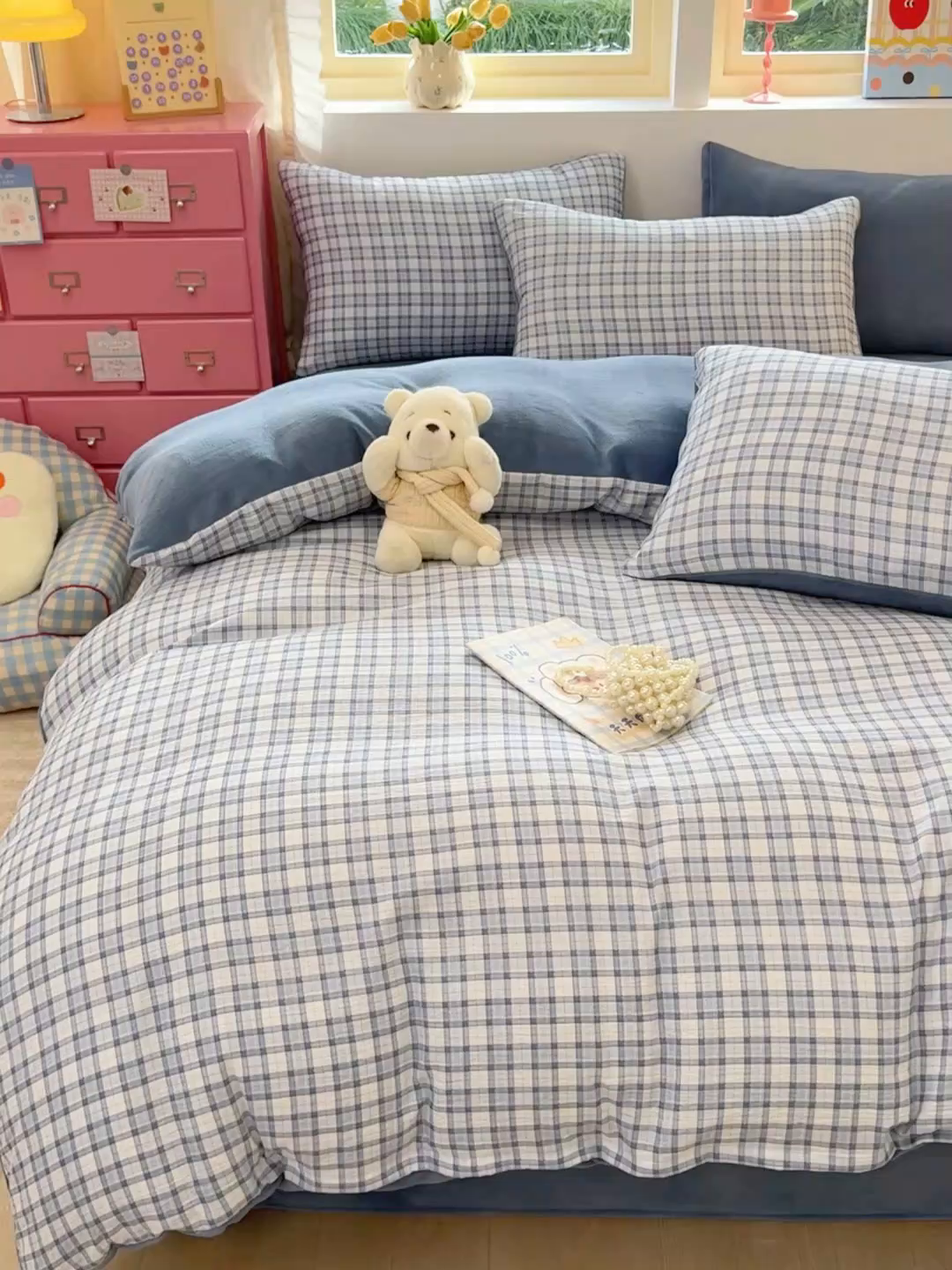 91家纺网 家纺一手货源 找家纺 壹号库家纺 2025新款皱皱纱舒暖绒四件套 无印兰格