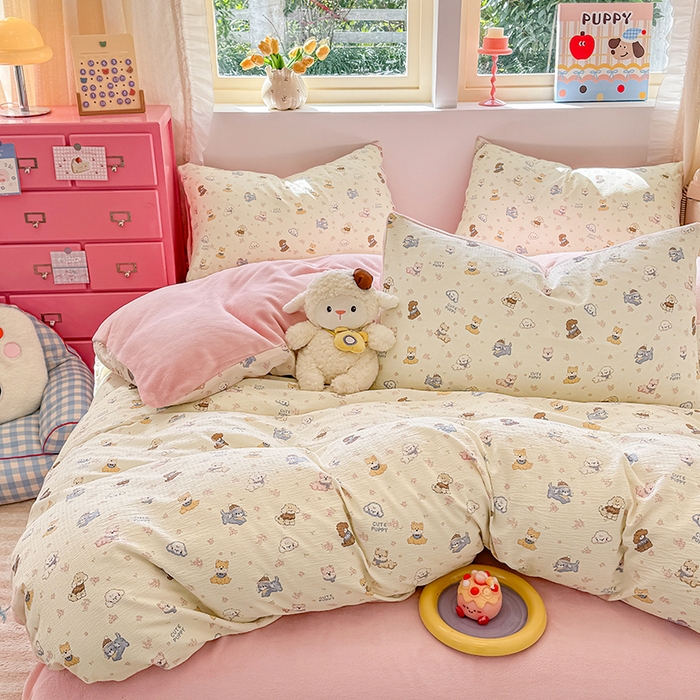 91家纺网 家纺一手货源 找家纺 壹号库家纺 2025新款皱皱纱舒暖绒四件套 西高地