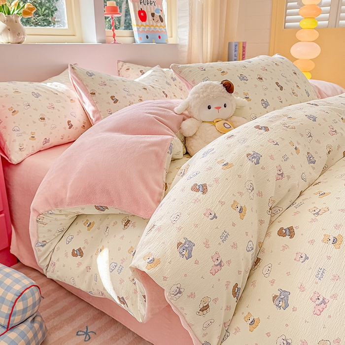 91家纺网 家纺一手货源 找家纺 壹号库家纺 2025新款皱皱纱舒暖绒四件套 西高地